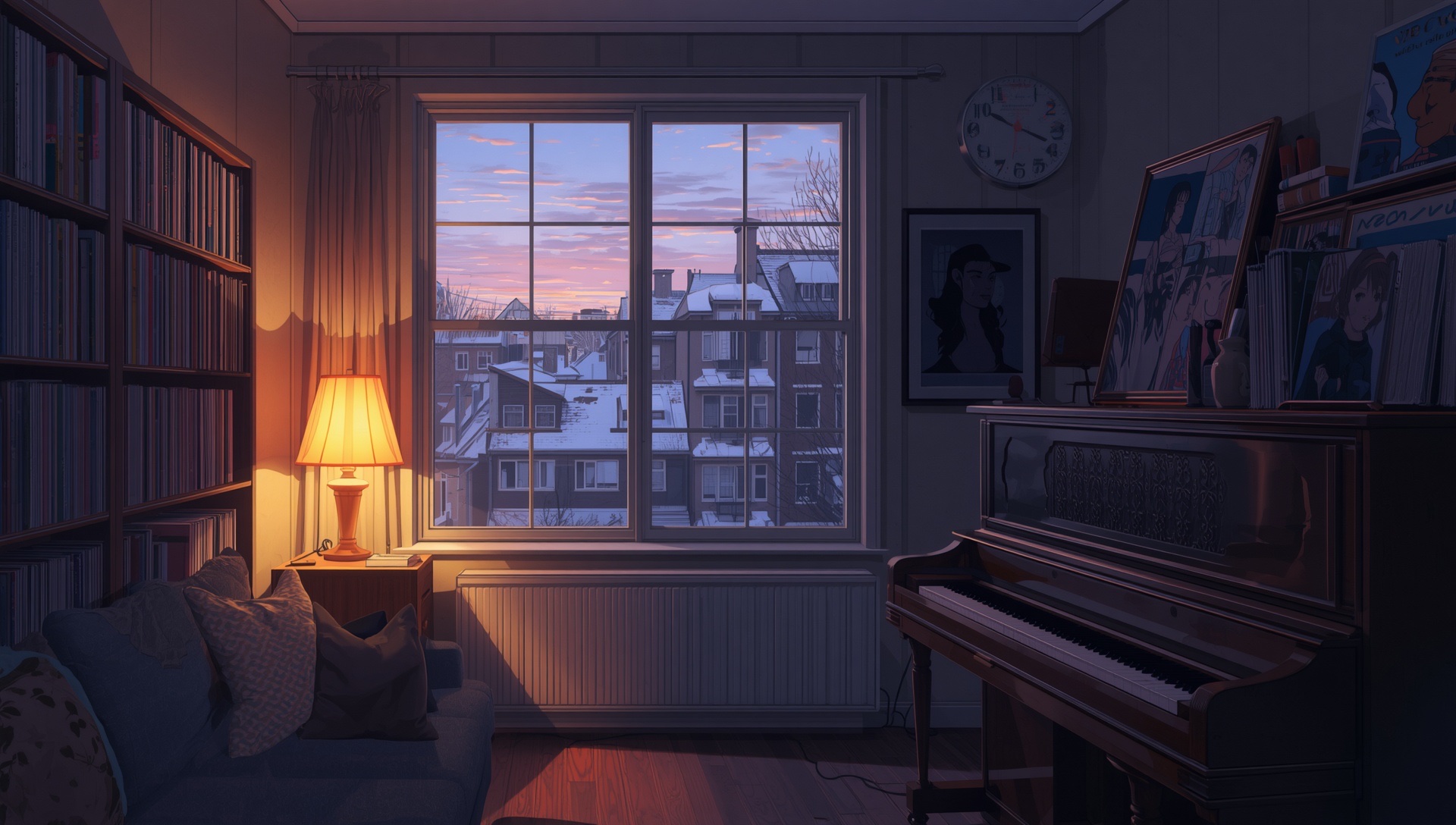 A small room with bookshelves and an upright piano, a lamp on the sill and a snowy harbor at dusk outside