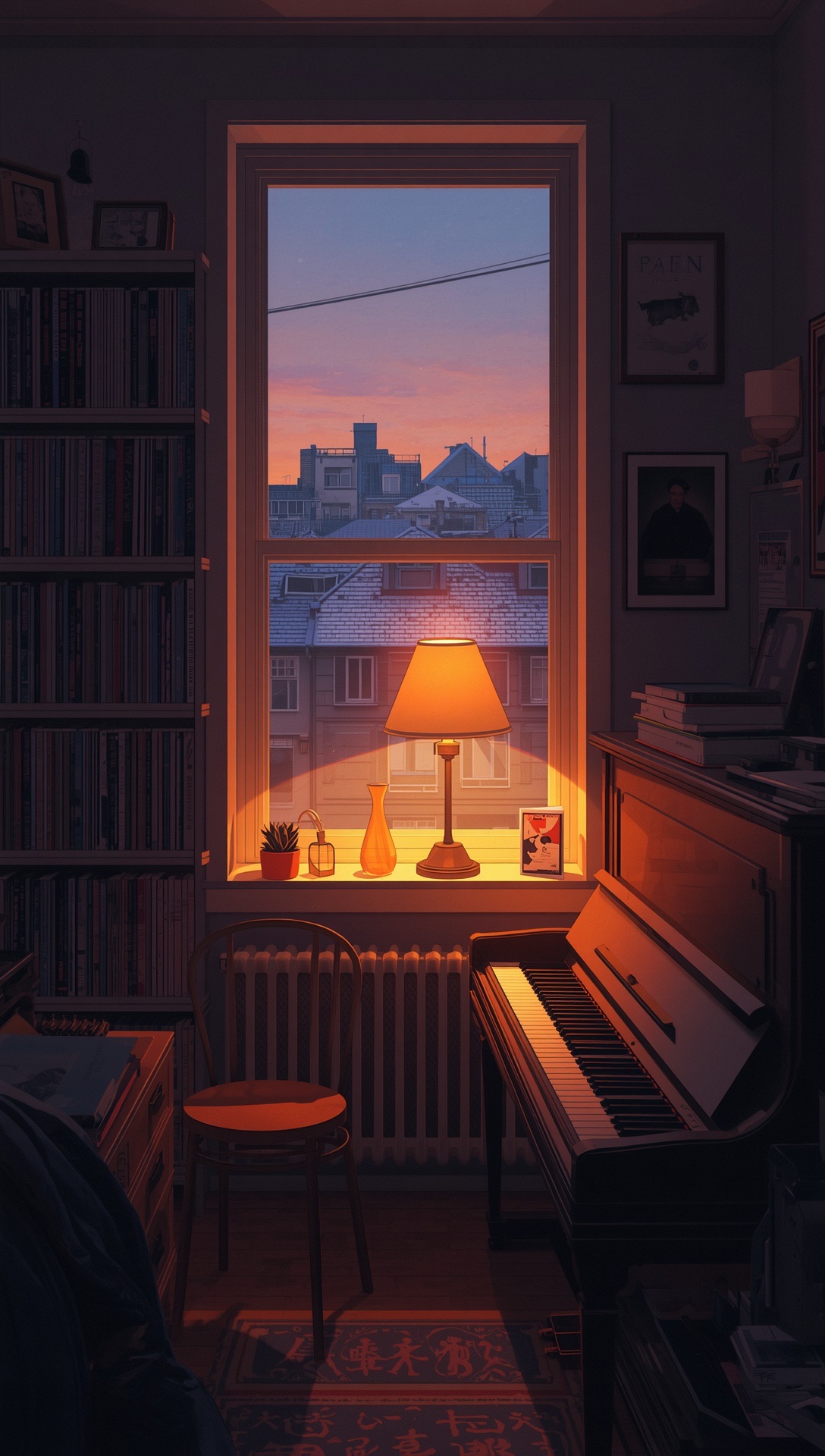 An upright piano and a glowing lamp under a window, rooftops at dusk outside