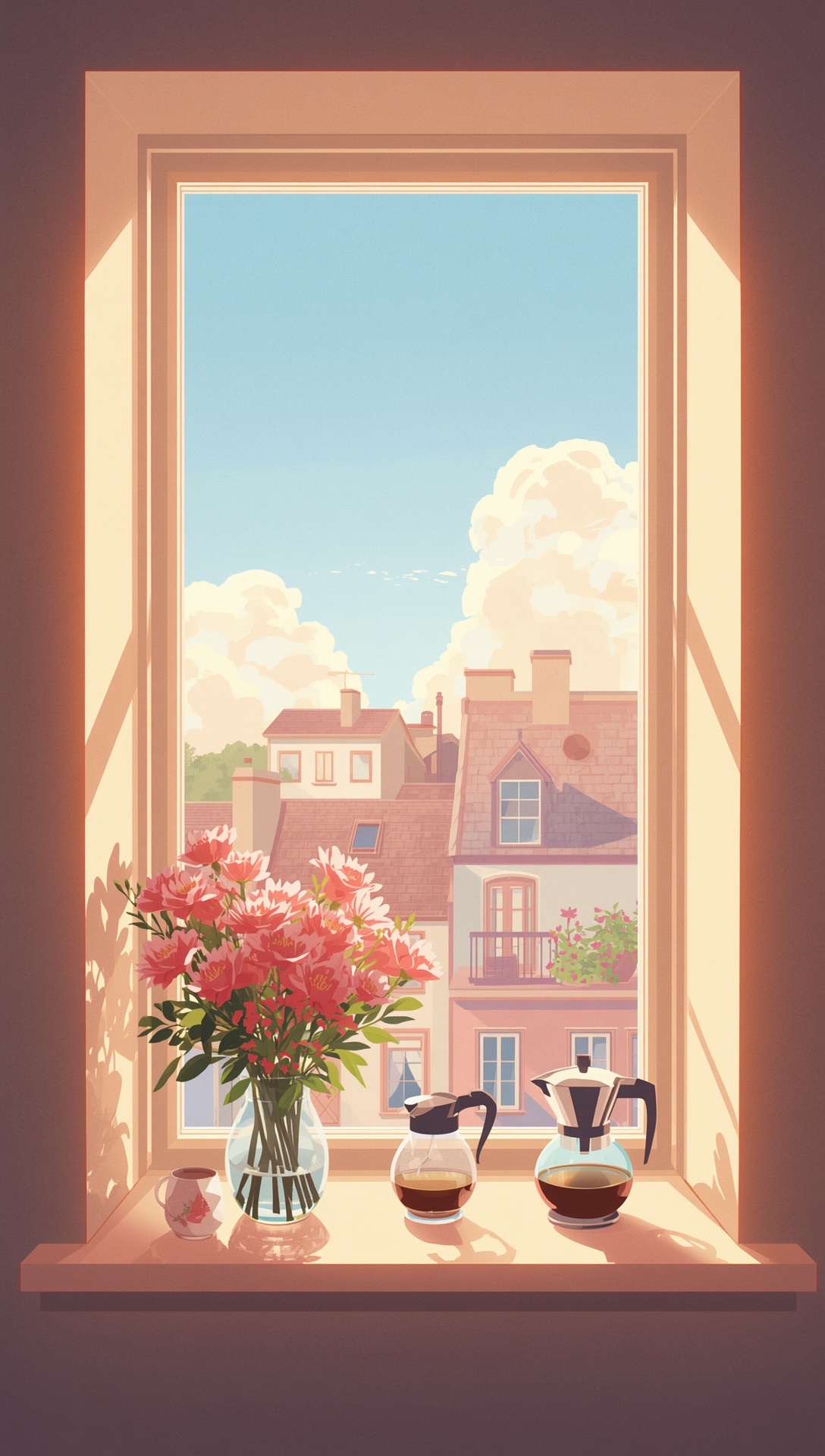 A kitchen window glowing pink in the morning, flowers in a vase and a coffee pot on the sill