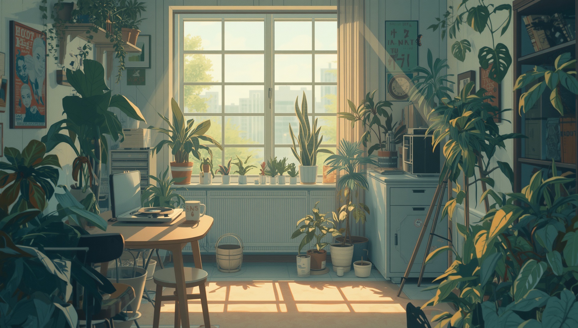 A bright studio apartment full of plants, morning sun falling through the window