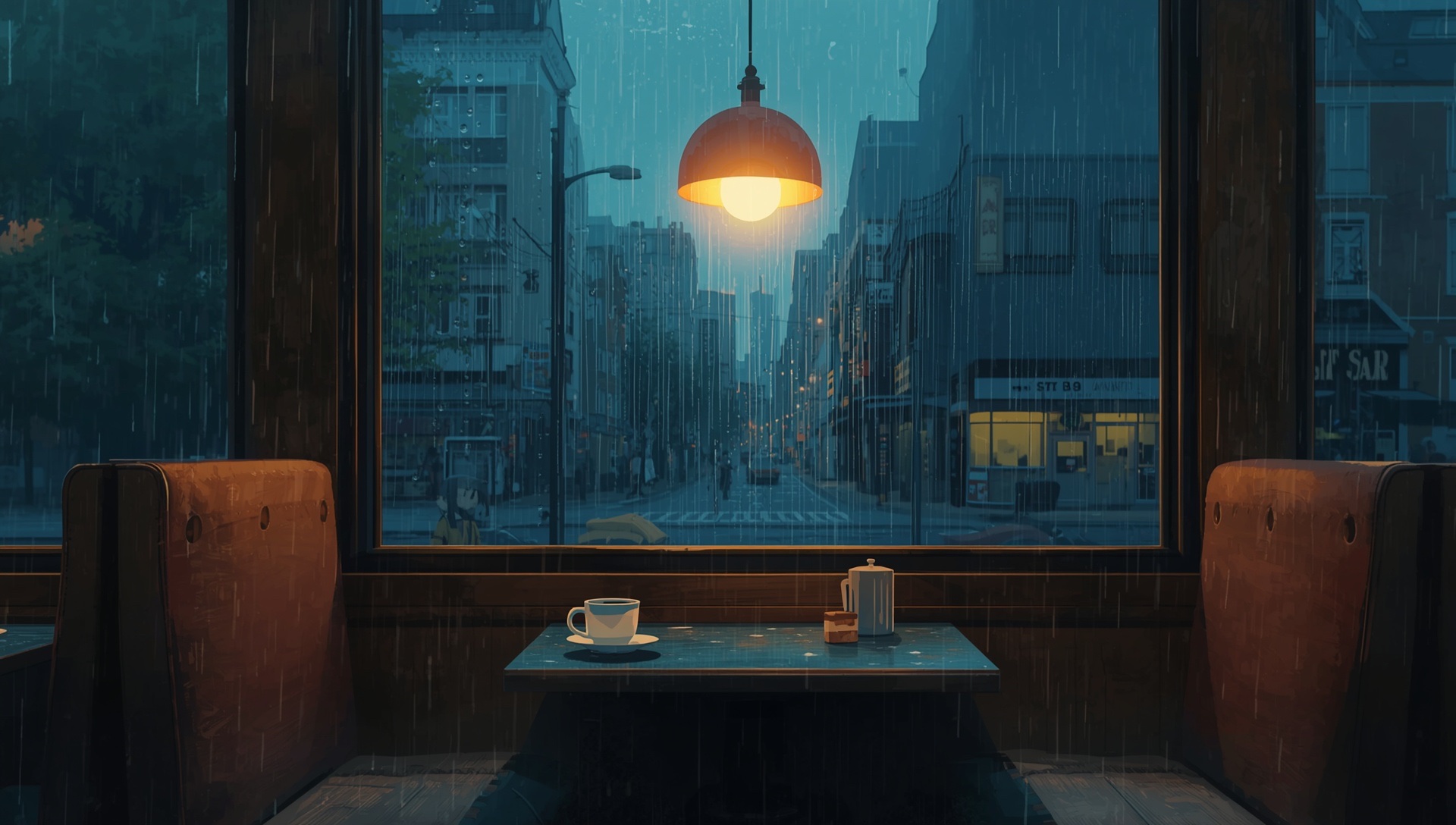 A window booth in a small café on a rainy evening, a warm pendant lamp over the table