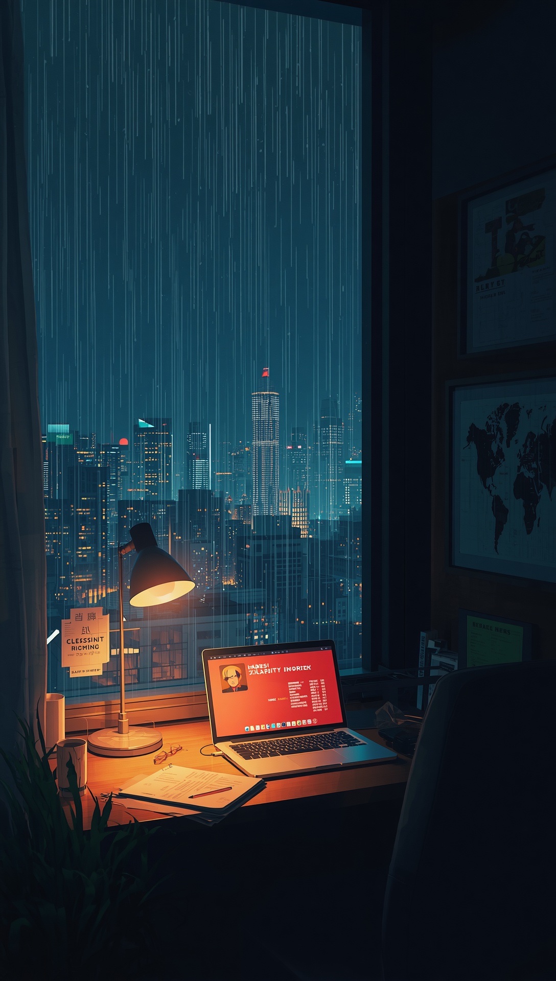 A laptop and a warm lamp on a desk above a rainy city at night