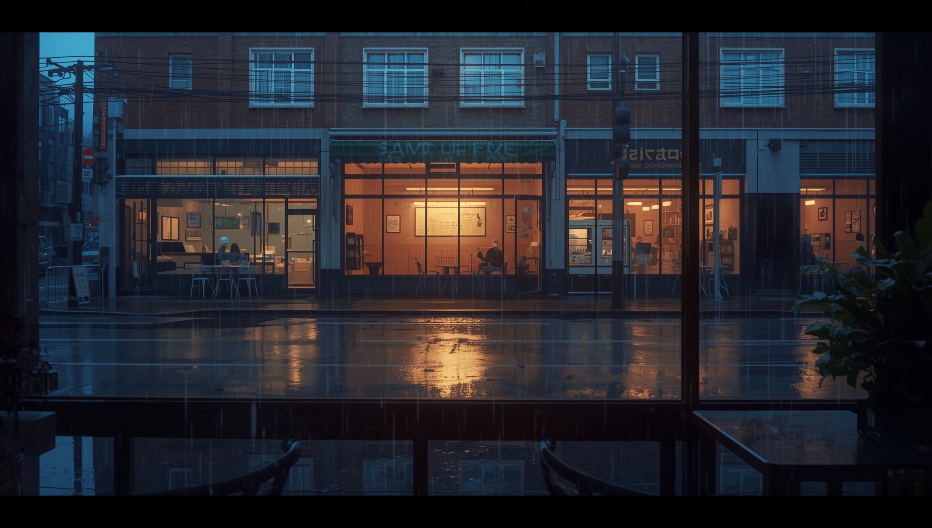Glowing shop windows reflected on a wet street at dusk, seen from inside a café