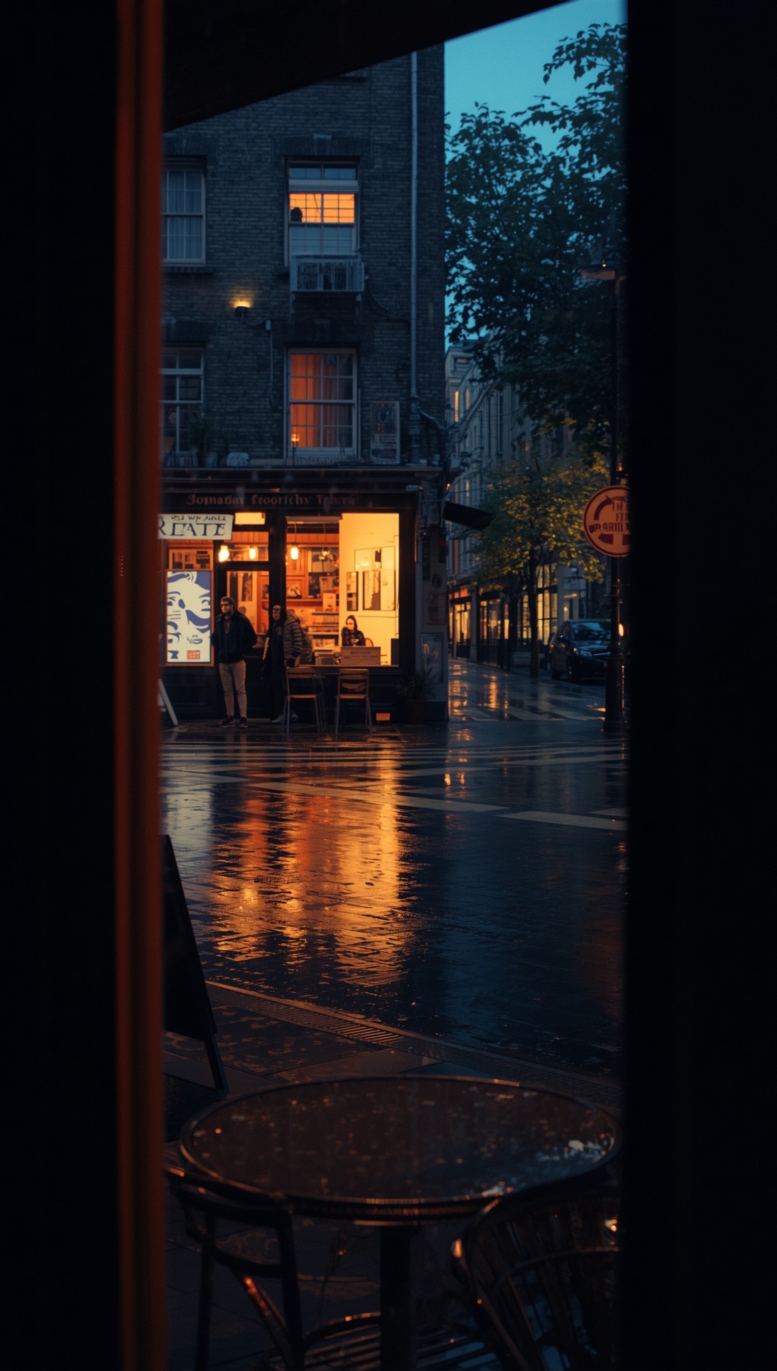A lit café on a wet street at night, its windows reflected in the rain