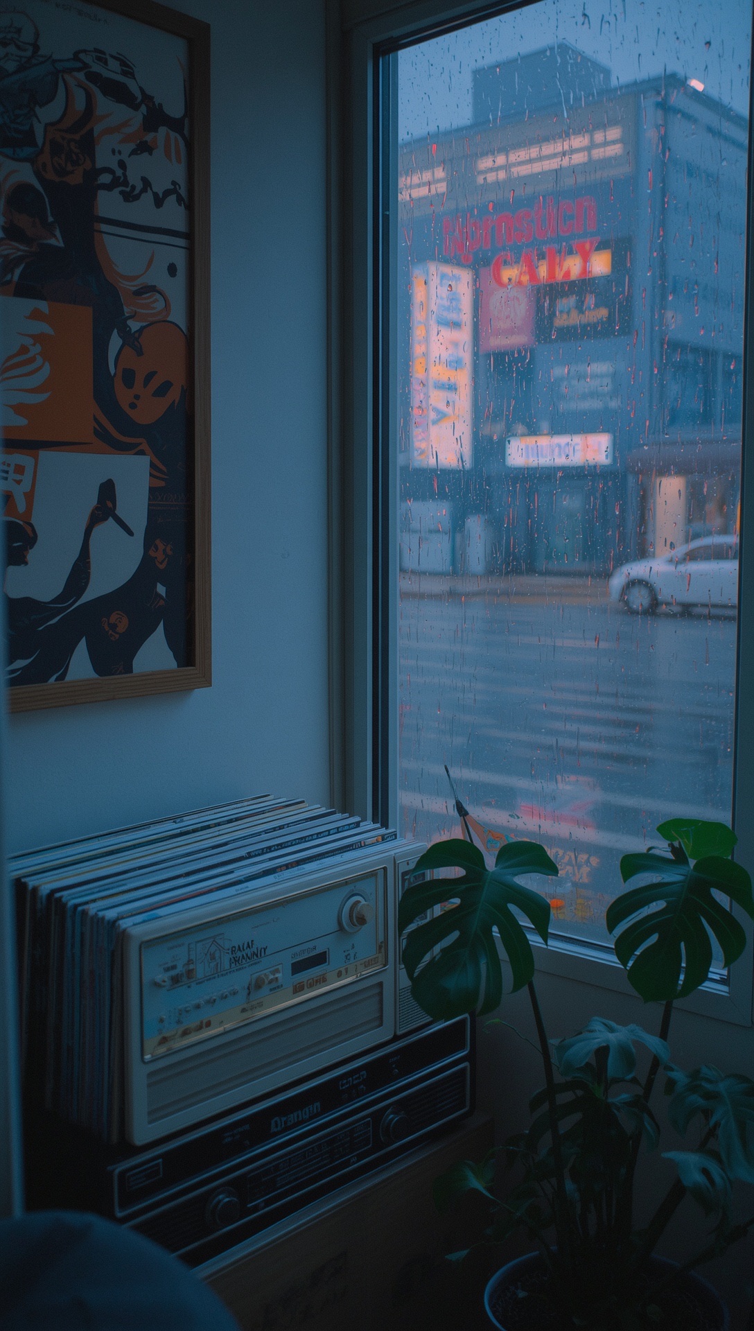 Record crates and a monstera by a window onto a rainy city street