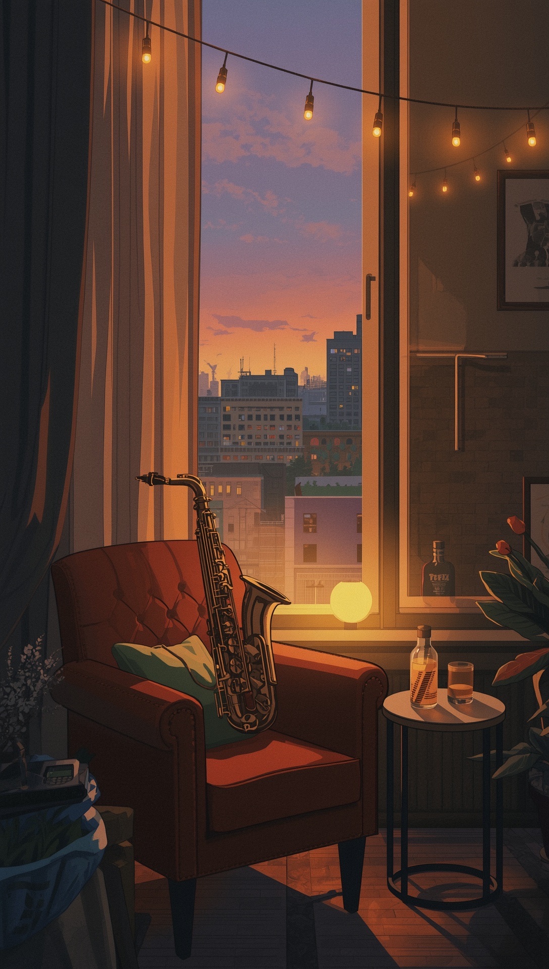 A red armchair with a saxophone beside a window strung with lights, the city at sunset