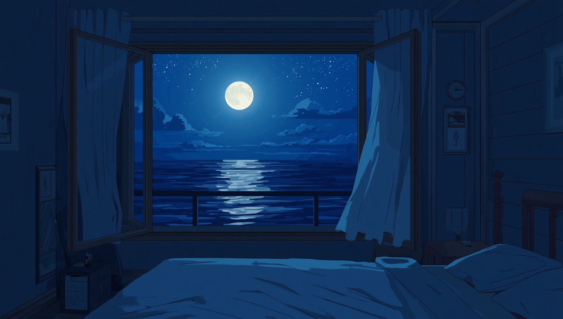 A bedroom by the sea at night, the moon reflecting on the water through an open window