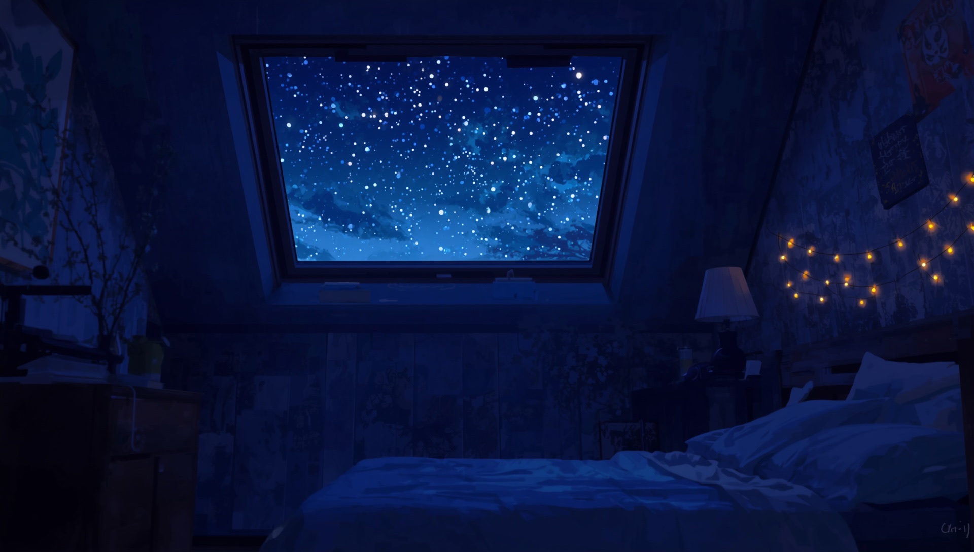 A dark bedroom under a skylight full of stars, fairy lights along the wall