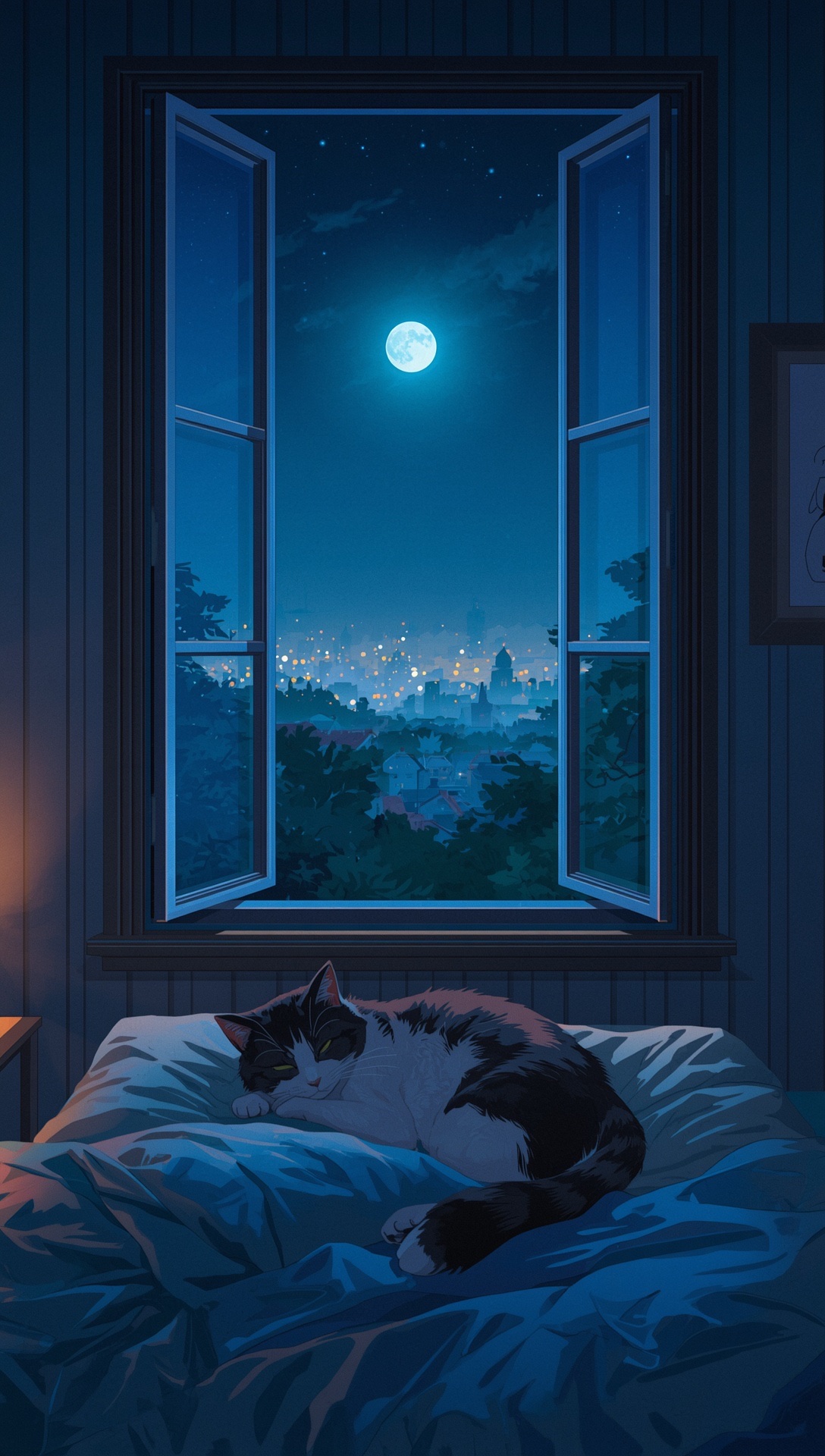 A cat asleep on a bed under an open window with the moon over a dark forest