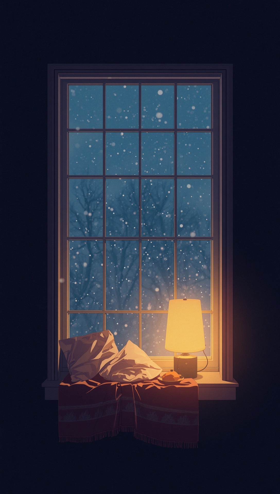 A window seat with cushions and a warm lamp, snow falling outside at night