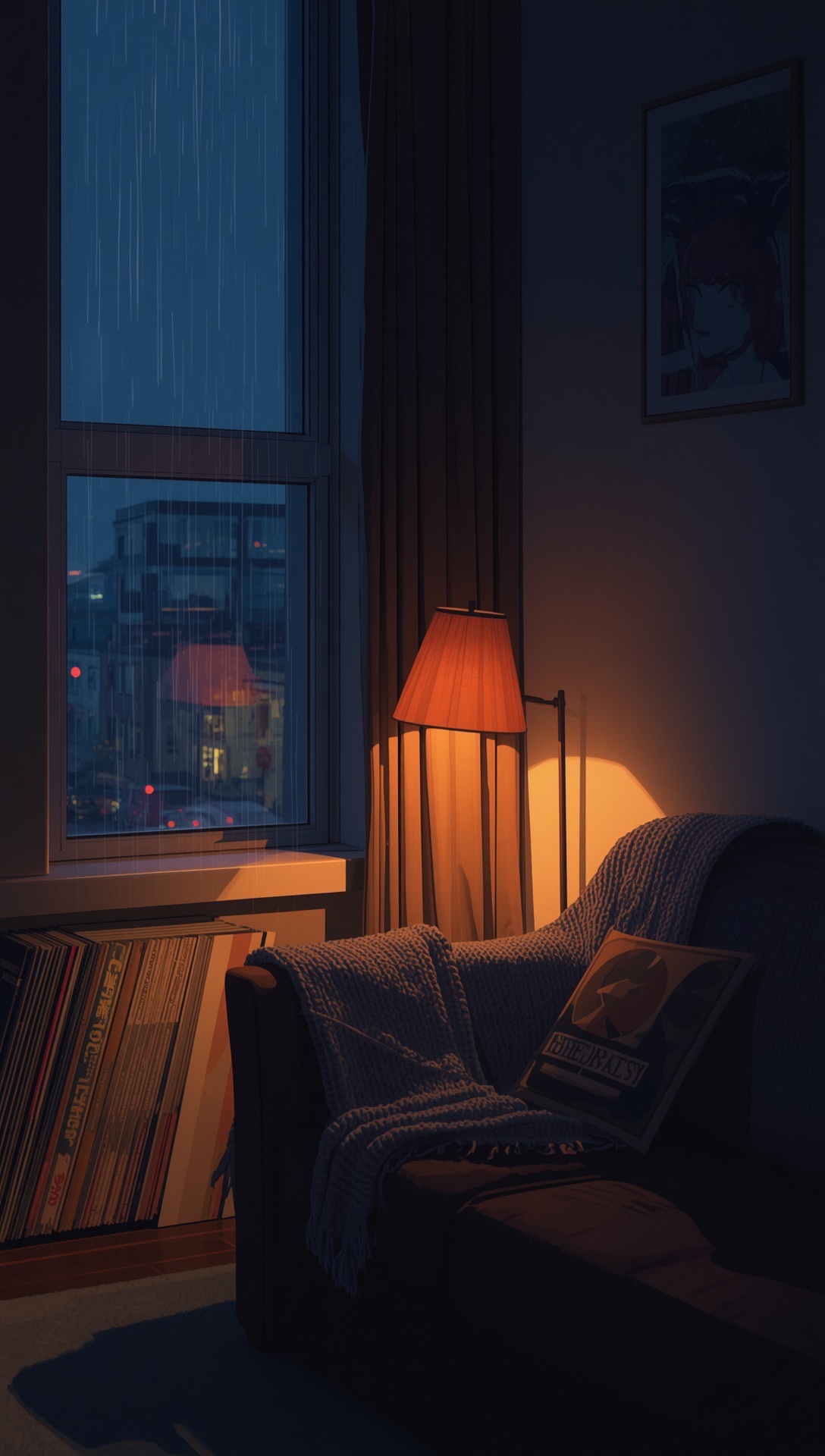 A dim room with a sofa and a glowing floor lamp, city towers through the window
