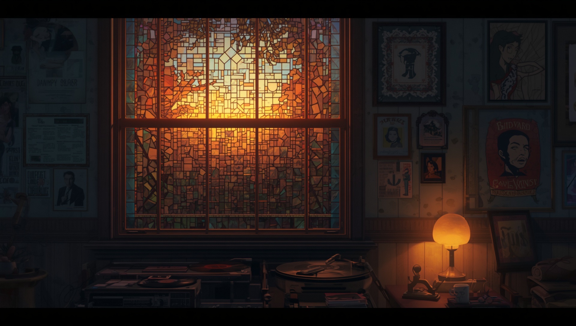 A glowing stained-glass window in a dim room at dusk, records and a warm lamp