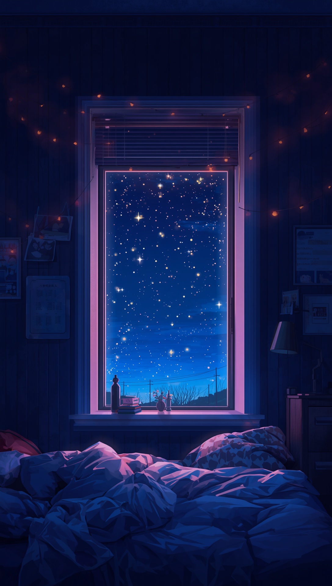 A bedroom window full of stars framed by fairy lights, a rumpled bed below