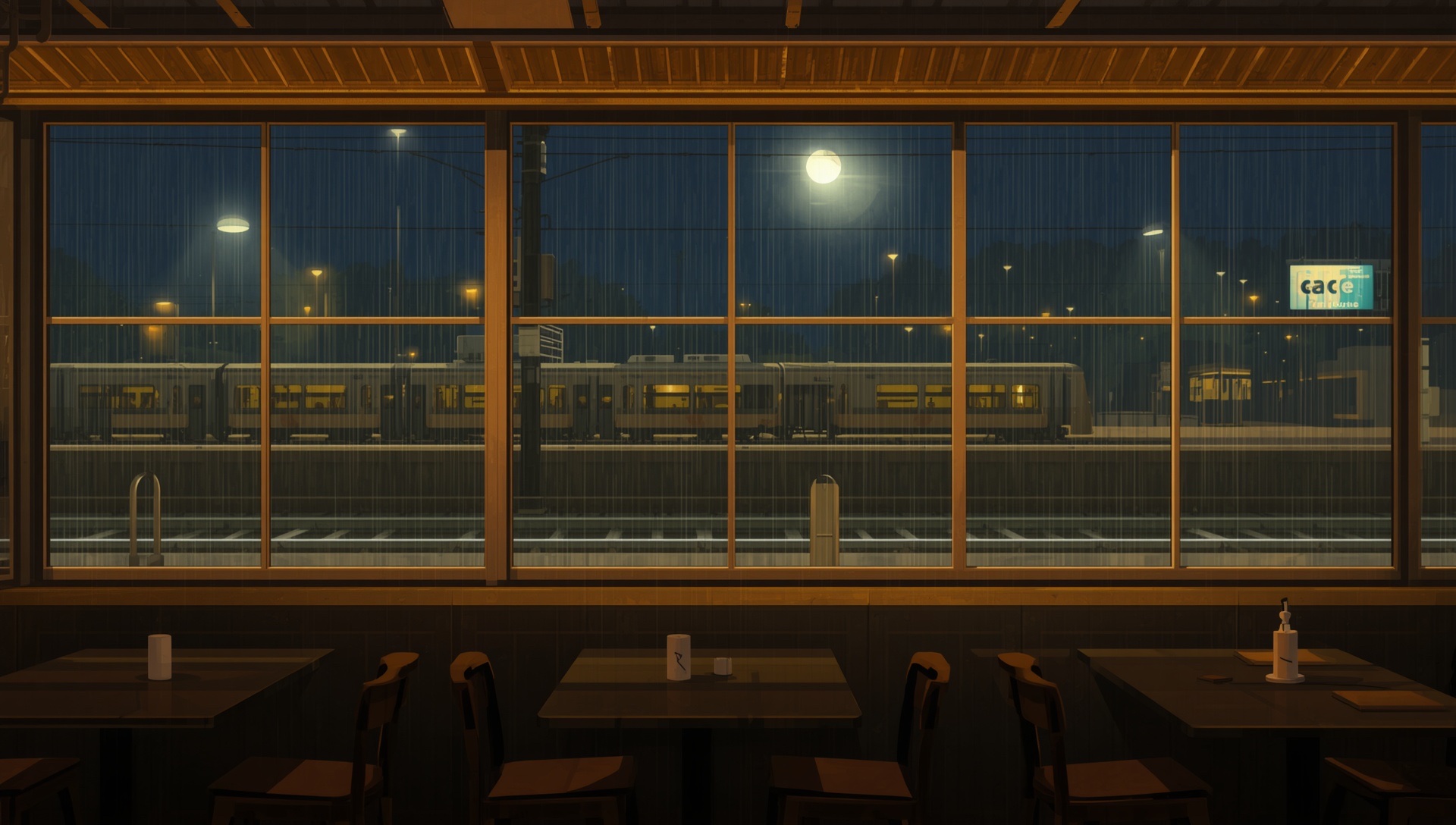 A train station café at night, an empty platform and rain beyond the window