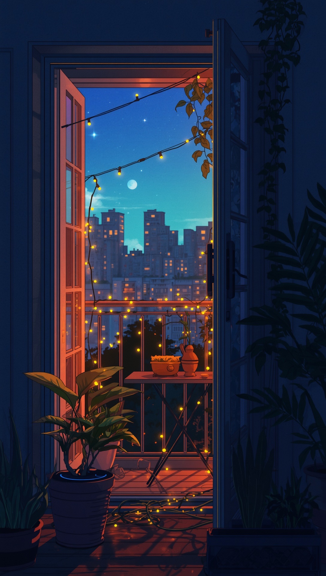 An open balcony door with string lights and plants, a city skyline at night