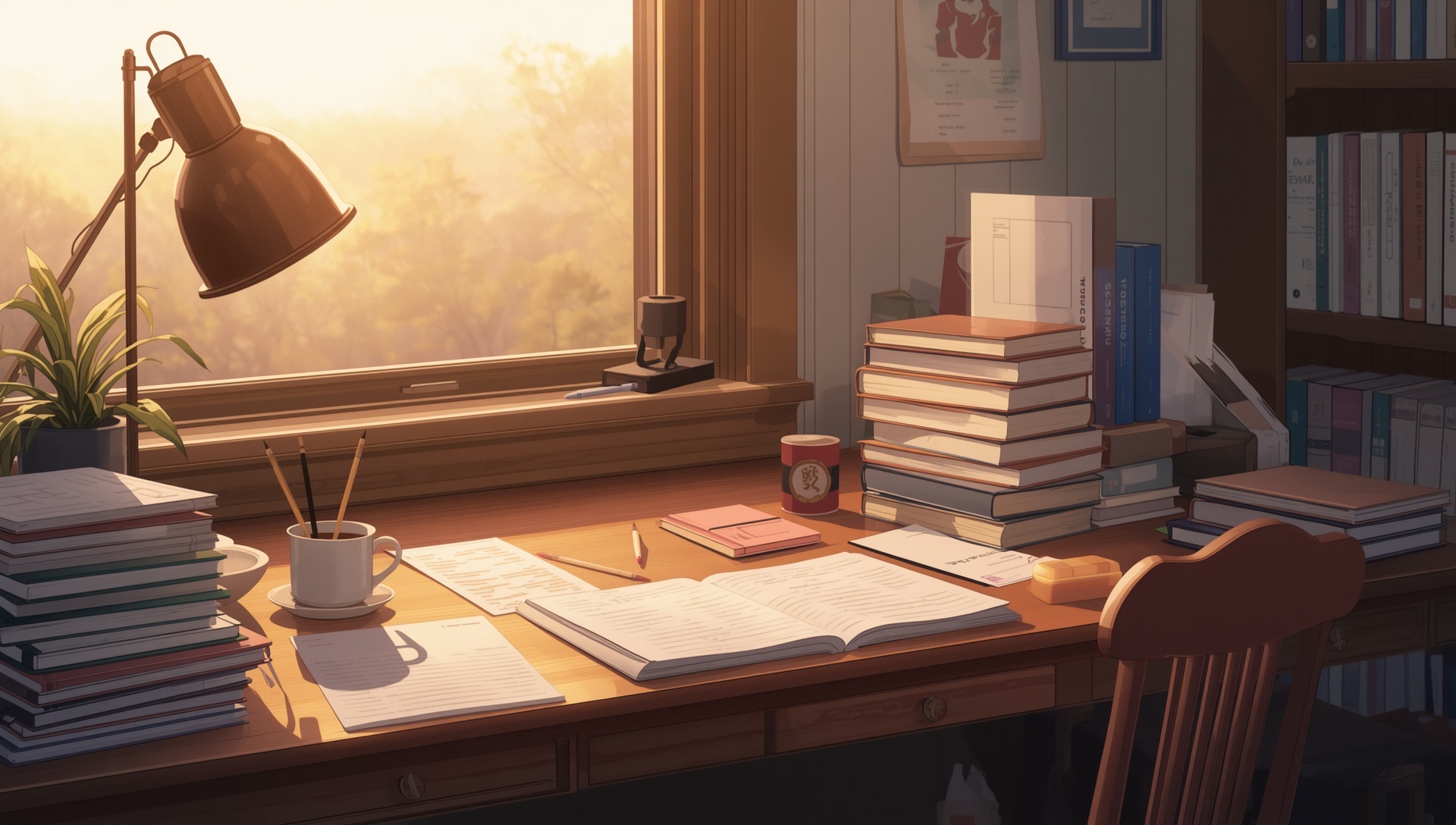 Open notebooks, stacked books and a cup of tea on a desk by a window in late afternoon light