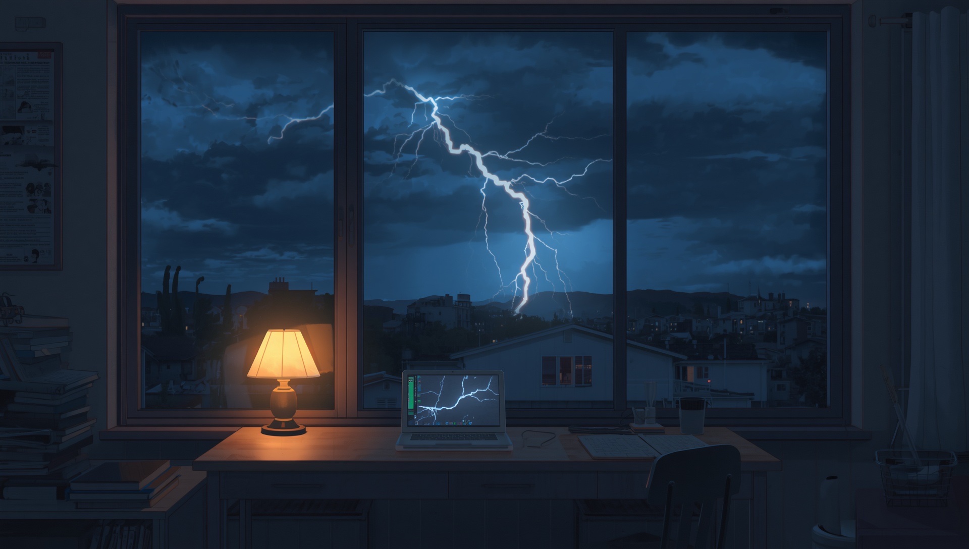 A desk with a lamp and a laptop by a window as lightning splits the night sky
