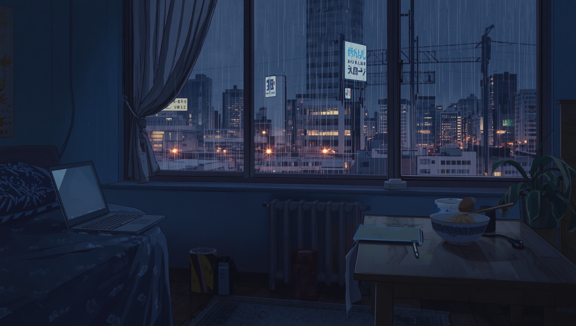 A tiny apartment at night, a laptop glowing on the desk and city lights through the rain