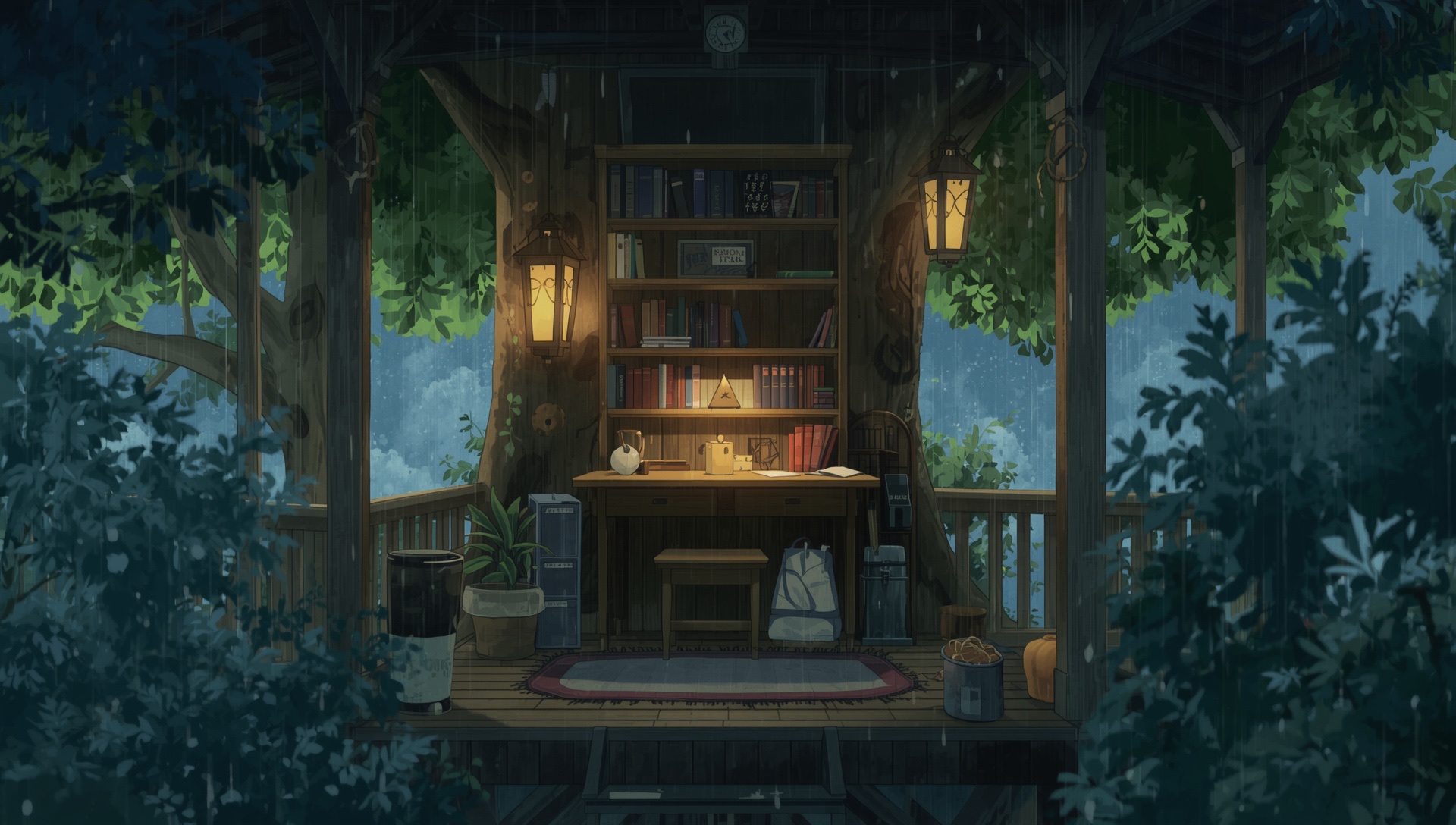 A small desk and bookshelf in a treehouse, lanterns glowing among green leaves