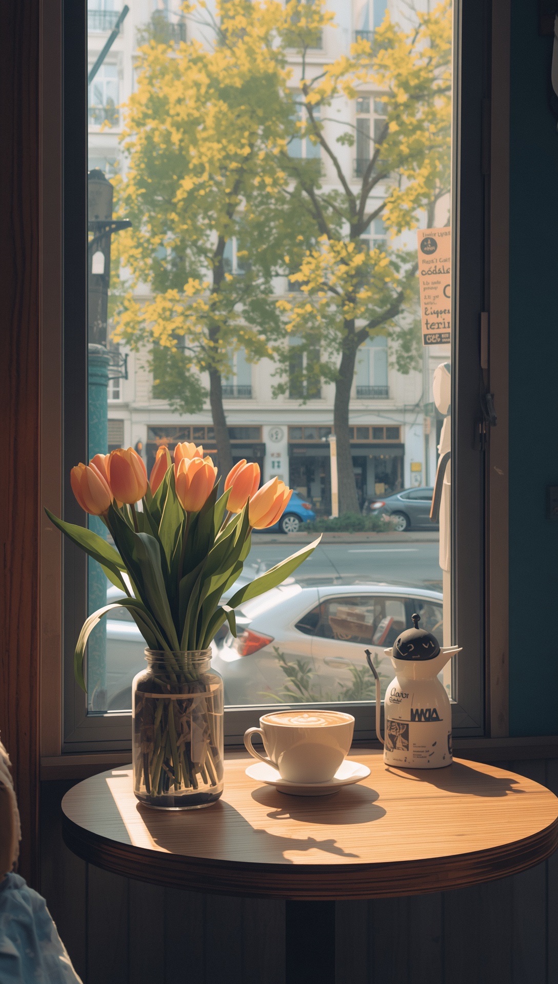 Orange tulips in a jar and a latte on a round table by a café window, trees outside