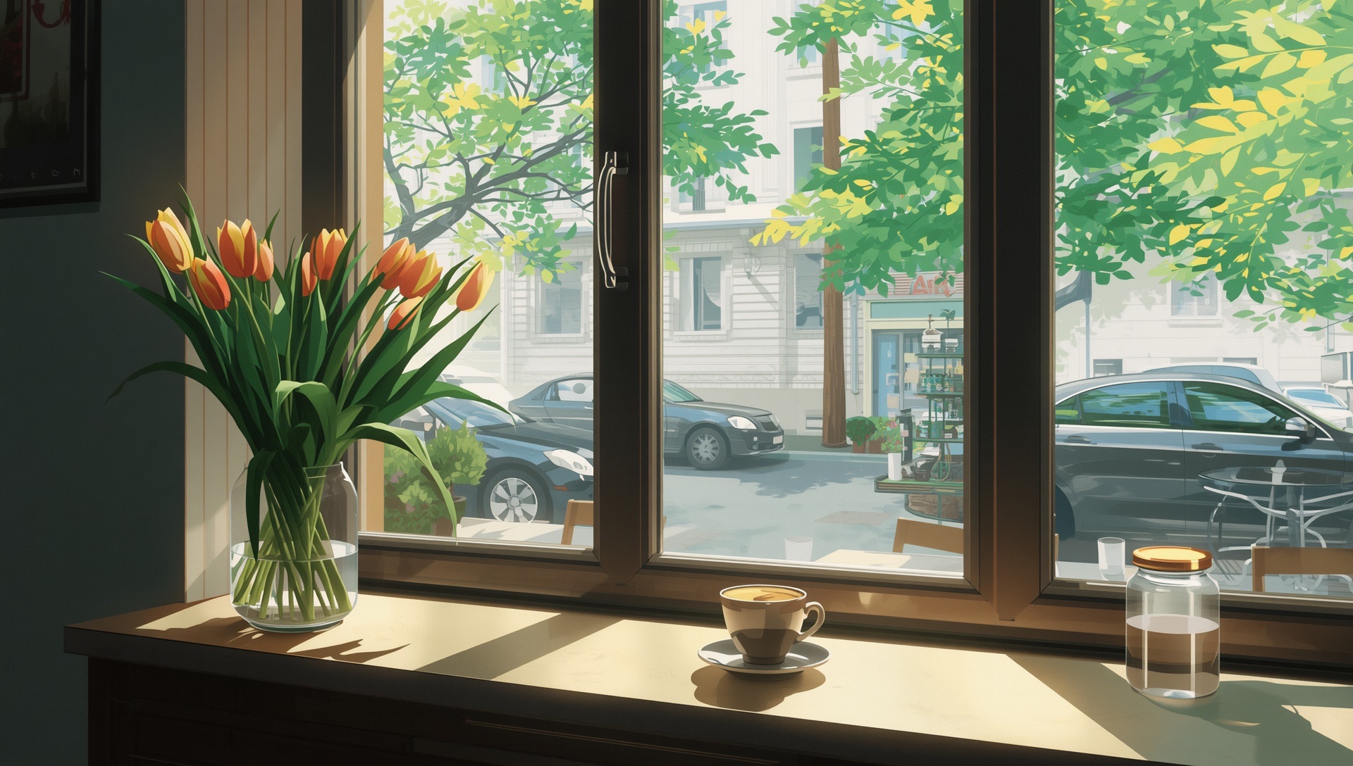Orange tulips in a glass jar and a cup of coffee on a café counter, leafy trees and a street outside