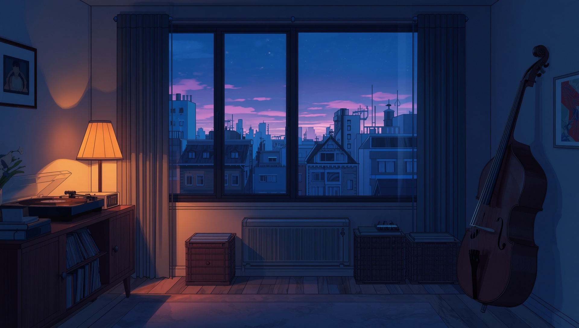 An apartment at blue hour with an upright bass leaning beside a warm lamp and a window over the city