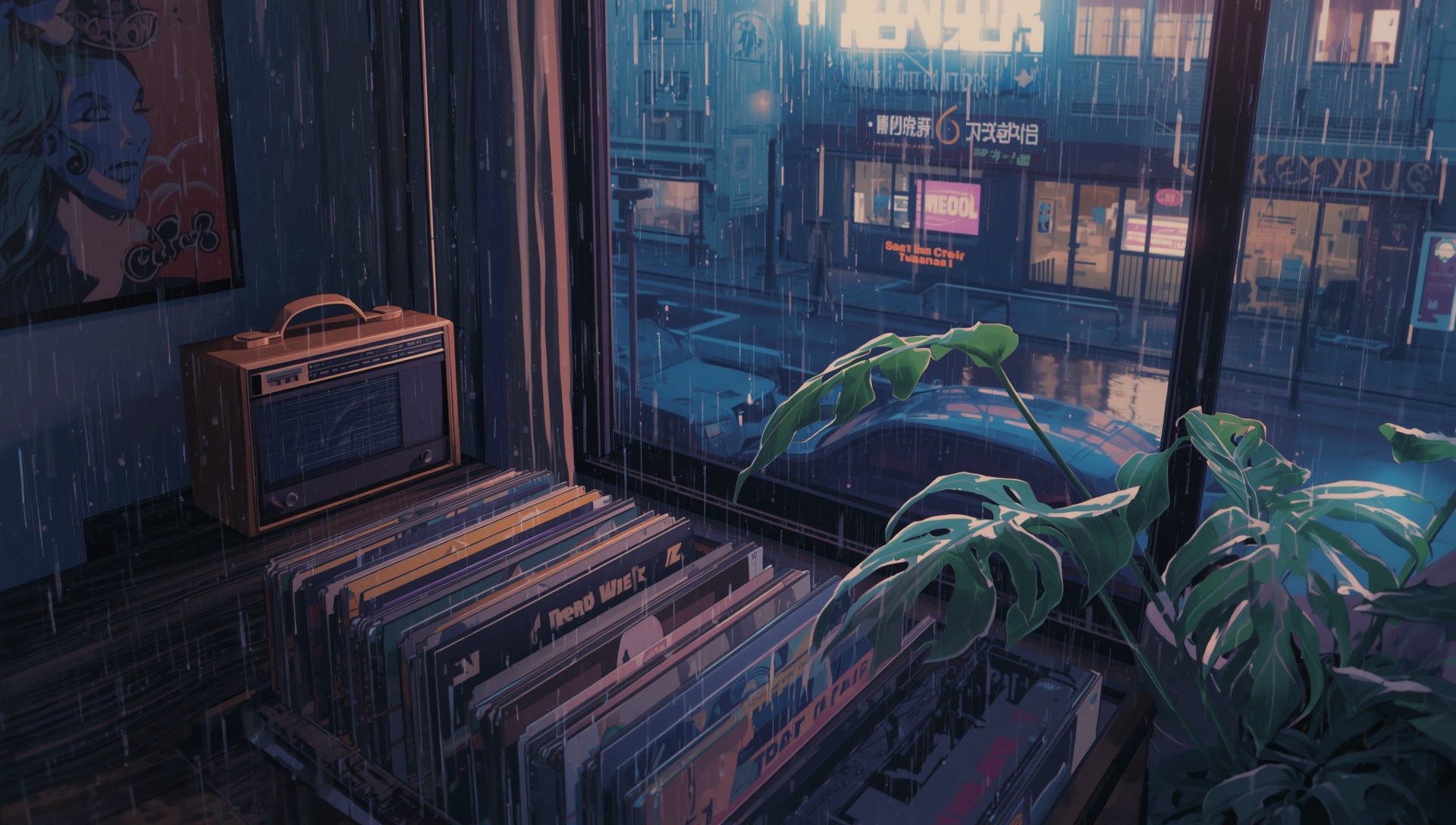 A vintage radio on stacked record sleeves beside a monstera, rain falling on the street beyond the window