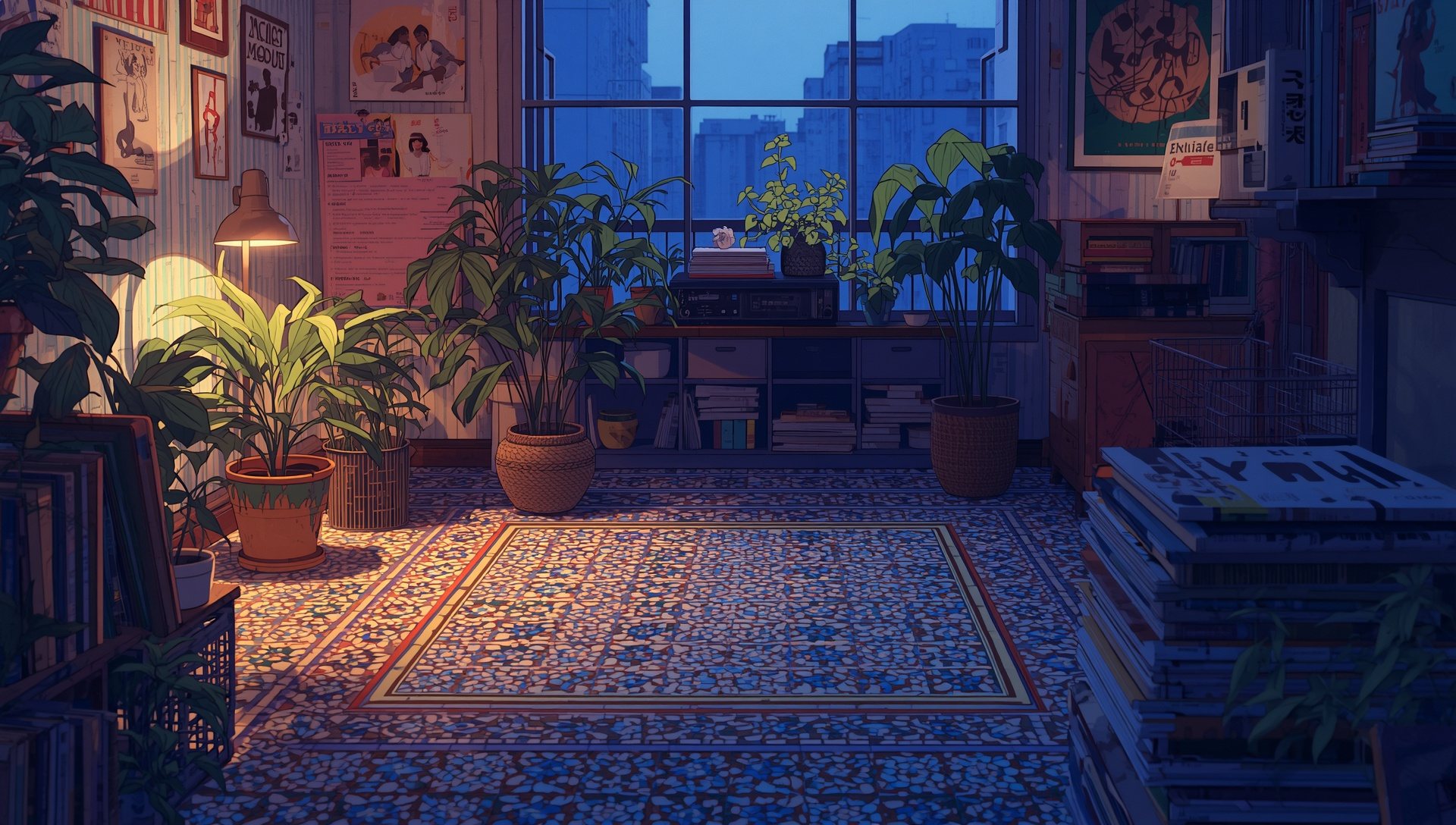 A mosaic tile floor in a quiet room at blue hour, lit by one warm lamp