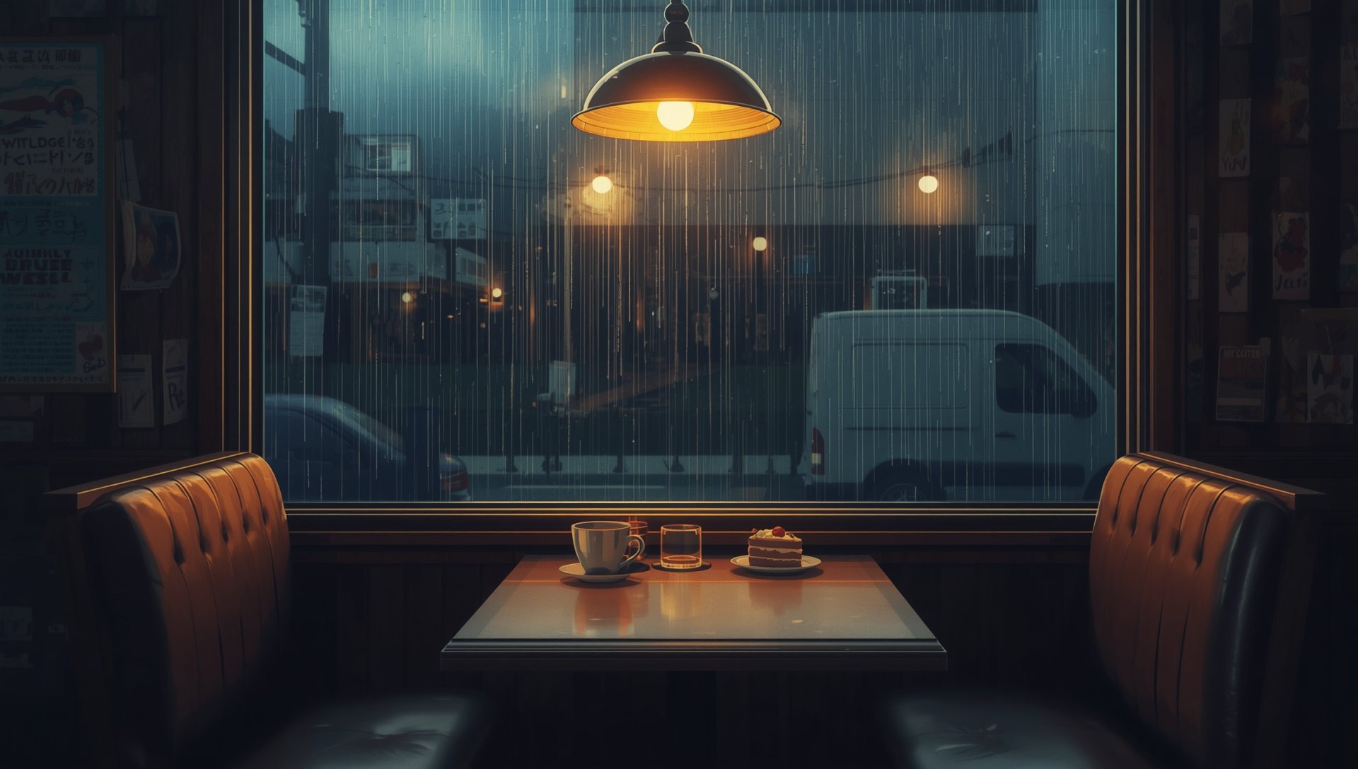 A booth in a small café on a rainy evening, rain streaking the window